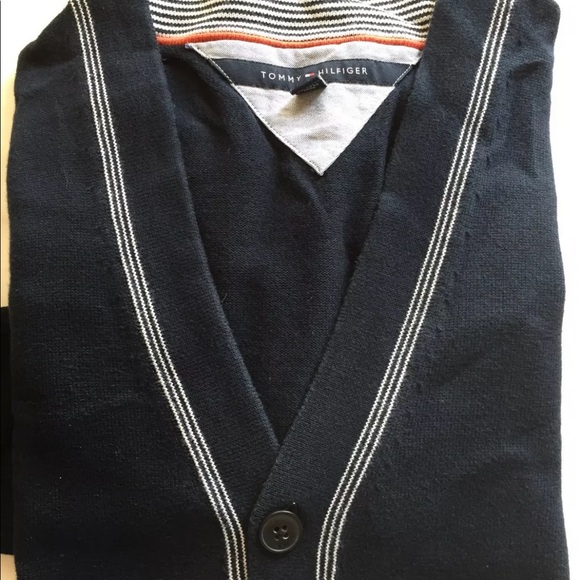 Tommy Hilfiger Men's Button down Sweater Cardigan Large Navy Blue white cotton - Picture 9 of 9